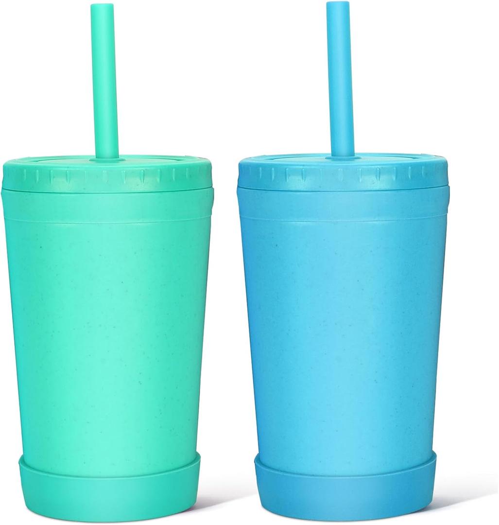 Homestockplus 10 Oz Wheat Straw Reusable Cups with Lids & Silicone Straws | Anti-slip Kids & Family Safe Drinking Cup for Milk, Juice, Smoothies | Dishwasher Microwave Safe -Easy Clean For Daily use (Blue & Green)
