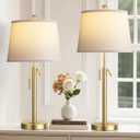 Tall Table Lamps Set of 2, Modern Gold Table Lamps with White Shade for Living Room, Height Adjustable Nightstand Lamps for Bedroom, 3 Color Temperature Beside Lamps with Pull Chain(Bulbs Included)