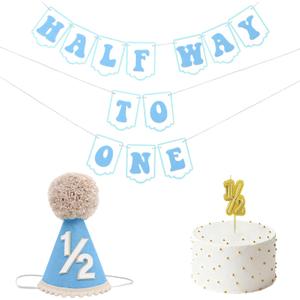 1/2 Birthday Boy Half Birthday Decorations - Half Way To One Banner, 1/2 Birthday Candles and Half Birthday Cone Hat for Boys 6 Months Birthday Decorations Party Supplies Blue