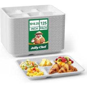 JOLLY CHEF Compostable 𝟱 Compartment Paper Plates 10*8.25*1 𝗶𝗻𝗰𝗵 [𝟭𝟮𝟱 𝗣𝗮𝗰𝗸] Small Heavy Duty Divided Disposable White Eco-Friendly Biodegradable Container Food Tray for School Lunch Buffet