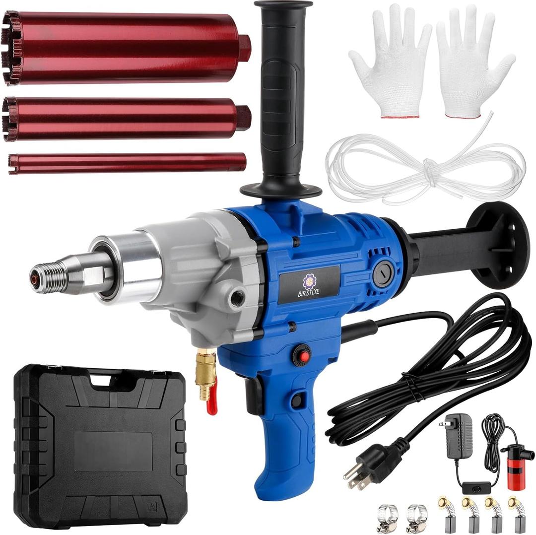 Diamond Core Drilling Machine,concrete core drill,Thread Core Drills Rig with Water Pump Water Pipe equipped,Wet & Dry Core Drill Rig with three industrial-grade drill bits, for Concrete Brick Stone