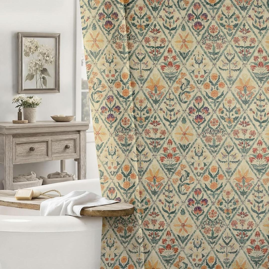 Frienda Vintage Floral Linen Blend Shower Curtain 72x72 Inches Rustic Farmhouse Bathroom Curtain with 12 Plastic Hooks Retro Botanical Print Bath Curtains for Bathroom(Multicolor)