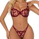 Lilosy Sexy Underwire Cute Push Up Strappy Embroidered Mesh Sheer Lingerie Set See Through Panty Bra (Red, S)
