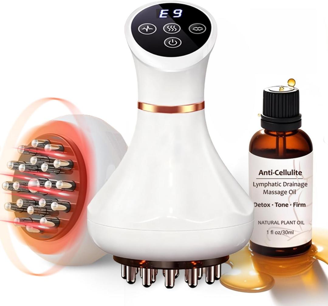 Lymphatic Drainage Massager & Anti Cellulite Massage Tool Helps Reduce Stretch Marks & Cellulite, Body Sculpting Machine For Legs, Arms & Belly with Microcurrent, Light, Heat & Vibration，With Body Oil