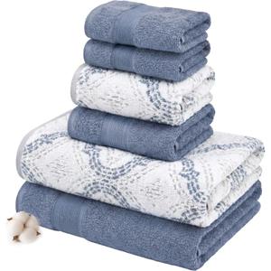 Modern Threads Capri 6-Piece Reversible Yarn Dyed Jacquard Towel Set - Bath Towels, Hand Towels, & Washcloths - Super Absorbent & Quick Dry - 100% Combed Cotton, Denim,Soft Geometric