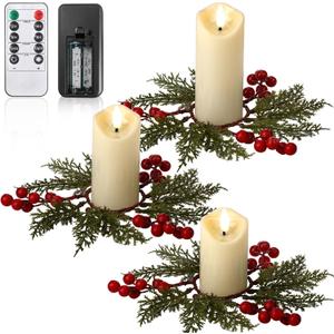 6 Pcs Christmas Flameless Candles with Rings Wreaths Small Artificial Red Berry Candle Ring LED Battery Operated Votive Candle with Remote Control for Table Xmas Centerpieces Window Decor (3.5/ 4.3/ 5.1 Inch, Ivory)
