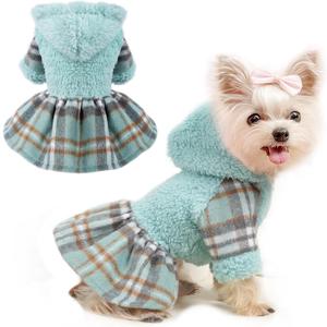 Dog Hoodie Dress Winter Pet Sweaters for Small Dogs Girl Cold Weather Warm Puppy Dresses Plaid Pet Clothes Outfits for Chihuahua Yorkie Teacup Cat Skirt Coat Apparel Clothing (Small, Blue) (SmallChest 15.8 In), Green)