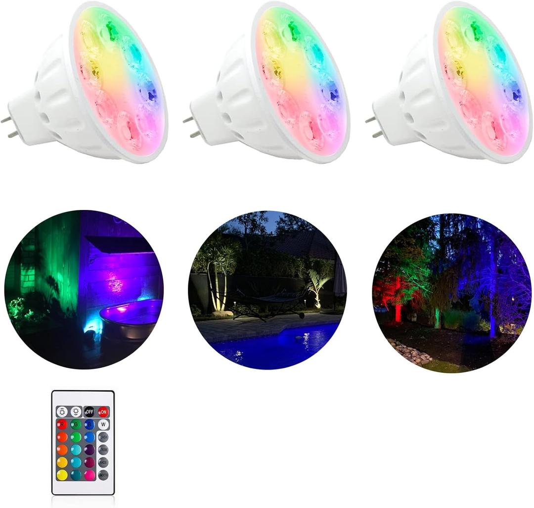 Makergroup Upgraded RGB MR16 LED Bulb Color Changing, Landscape Bulbs GU5.3 Base, Warm White+15 Colors Choices and 4Level Brightness Remote Control for 12V Low Voltage Lighting 3Pack