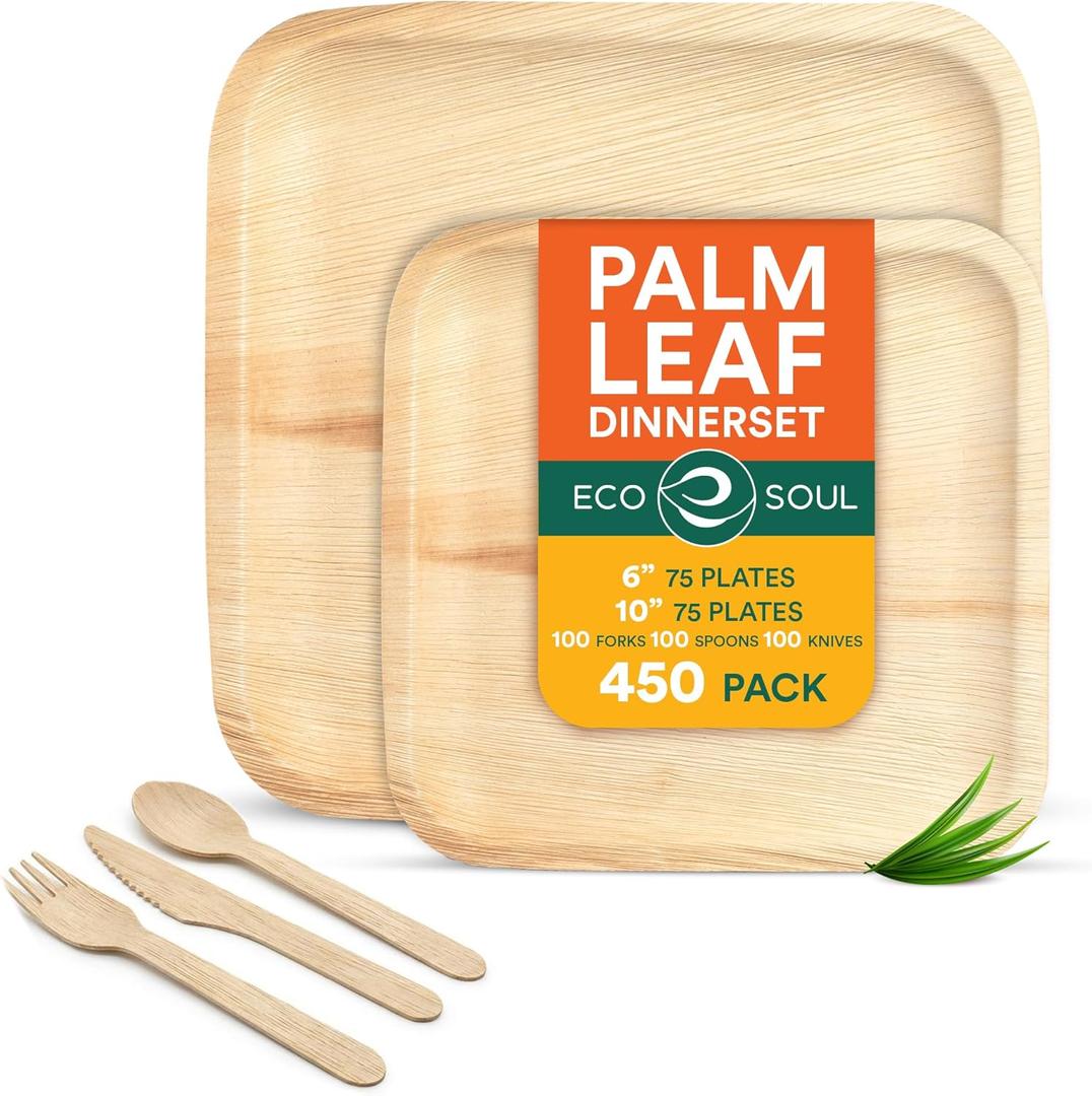 ECO SOUL Palm Leaf Like Bamboo Plates Combo Pack, 6 & 10 Inch, Square, 450 Pack, Party Plates Set Bamboo, Heavy Duty, Compostable, Biodegradable Disposable Wood Dinnerware for Appetizer and Dinner