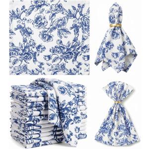 Mindsoft 12 Pack Blue Floral Cloth Napkins 18x18 Inch Reusable Linen Cotton Dinner Napkins Vintage Blue and White Table Napkin Cloth for Wedding Banquet Bridal Party Supplies