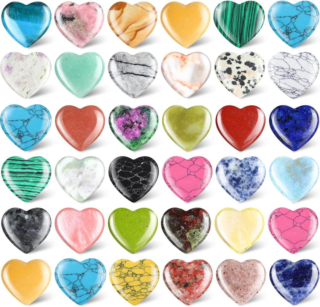 Nuenen 40 Pcs 1.4 Inch Heart Shaped Crystal Worry Stone Bulk Heart Rock Tiny Trinkets Healing Crystal Gemstone Employee Appreciation Gifts Palm Pocket Love Carved Rock for Mom Women Meditation