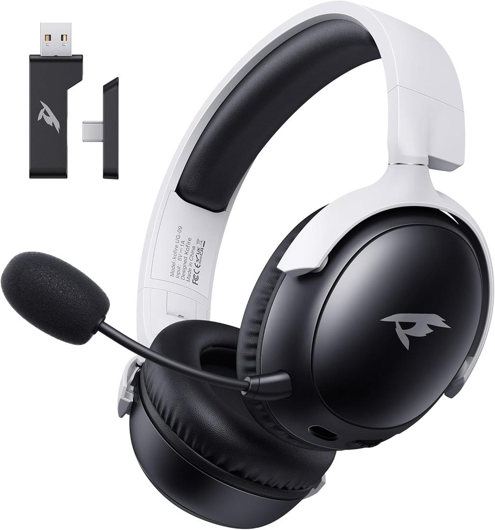 KOFIRE Wireless Gaming Headset, 2.4GHz USB Gaming Headphones with Bluetooth 5.4, 53MM 3D Stereo Sound, 65H Battery, ENC Noise Canceling Mic, 3.5mm Wired, Black-White