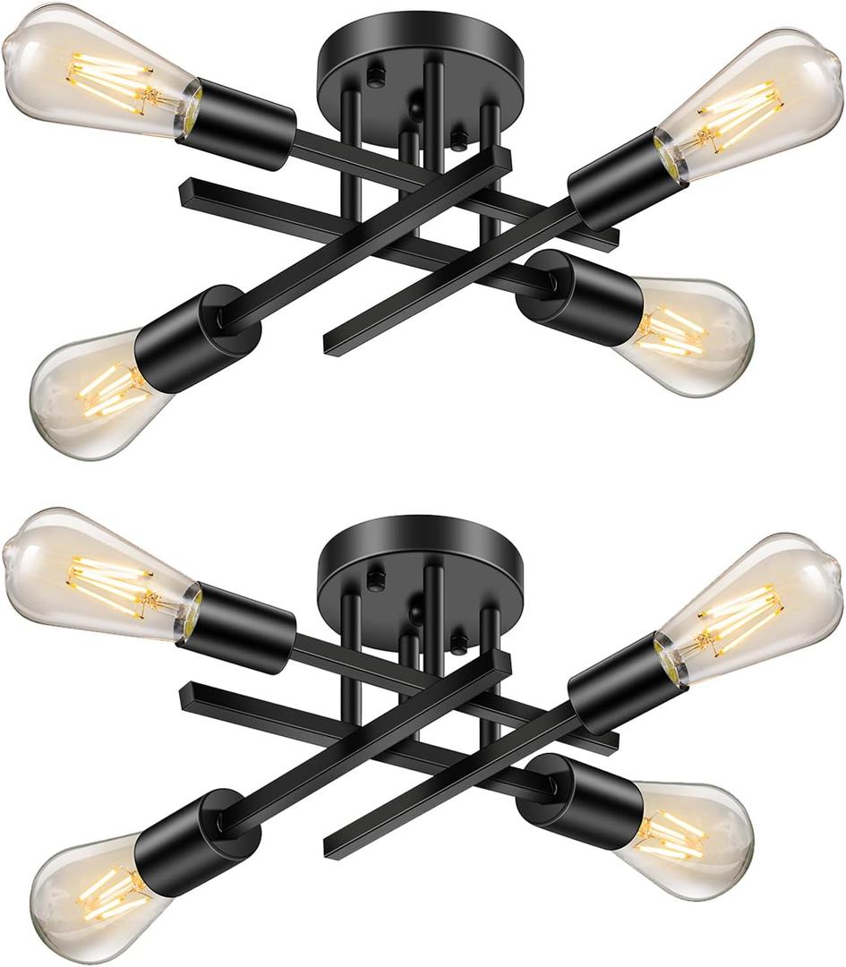 Industrial 4-Light Semi Flush Mount Ceiling Light Fixture, Modern Black Close to Ceiling Light, Farmhouse Chandelier Ceiling Lamp for Hallway Kitchen Bedroom Living Room (2 Pack) (4 Lights-2 Pack)