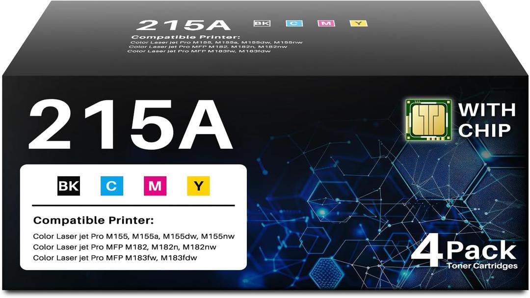 (With Chip) Compatible 215A Toner Cartridges 4 Pack Replacement for HP 215A 215X Cartridges W2310A W2311A W2312A W2313A Use with Color Pro MFP M183fw M182nw M182n M155a M155nw Printer (BK/C/M/Y)