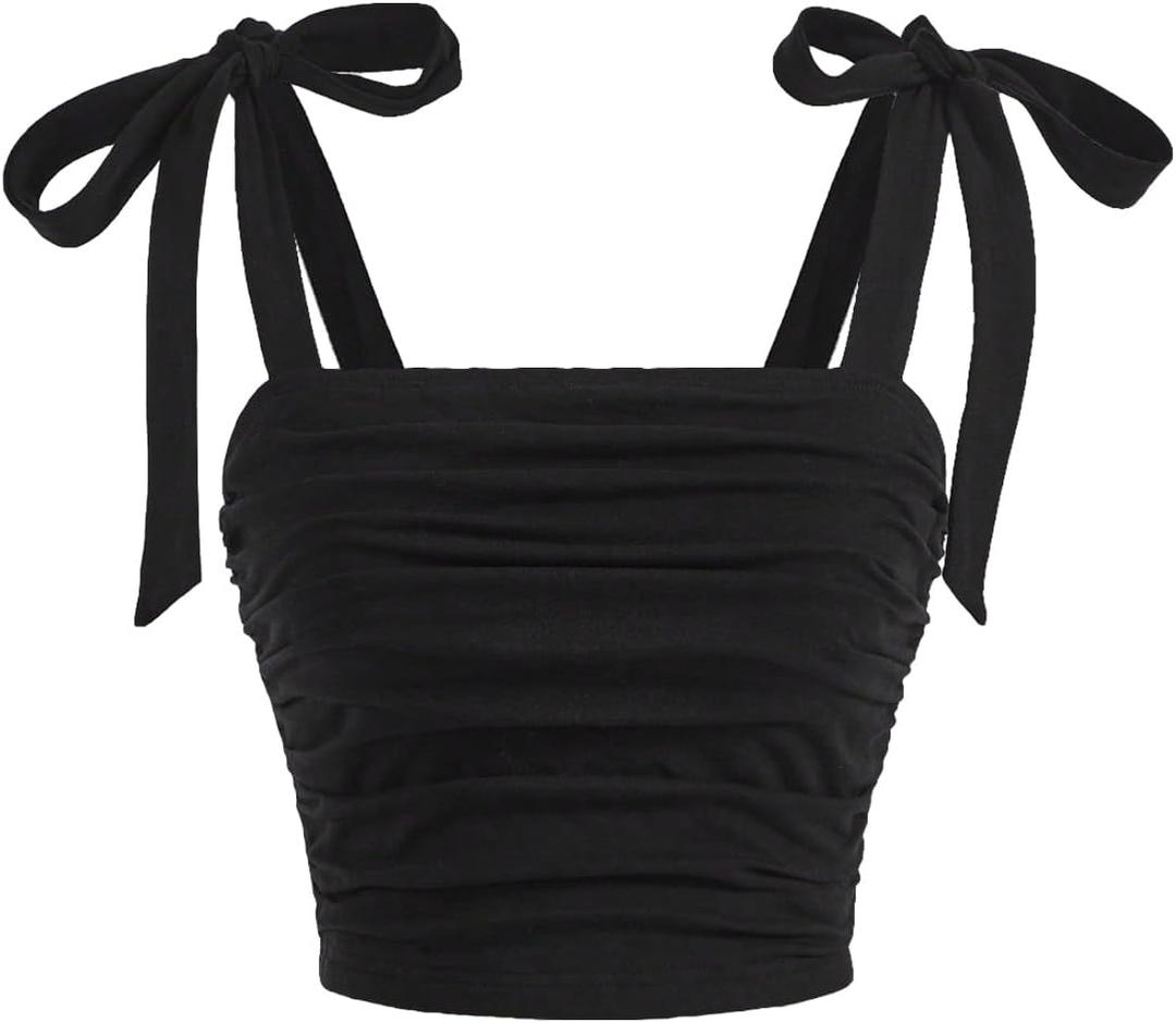 Verdusa Women's Knot Tie Shoulder Sleeveless Ruched Crop Cami Tops (Medium, Black)