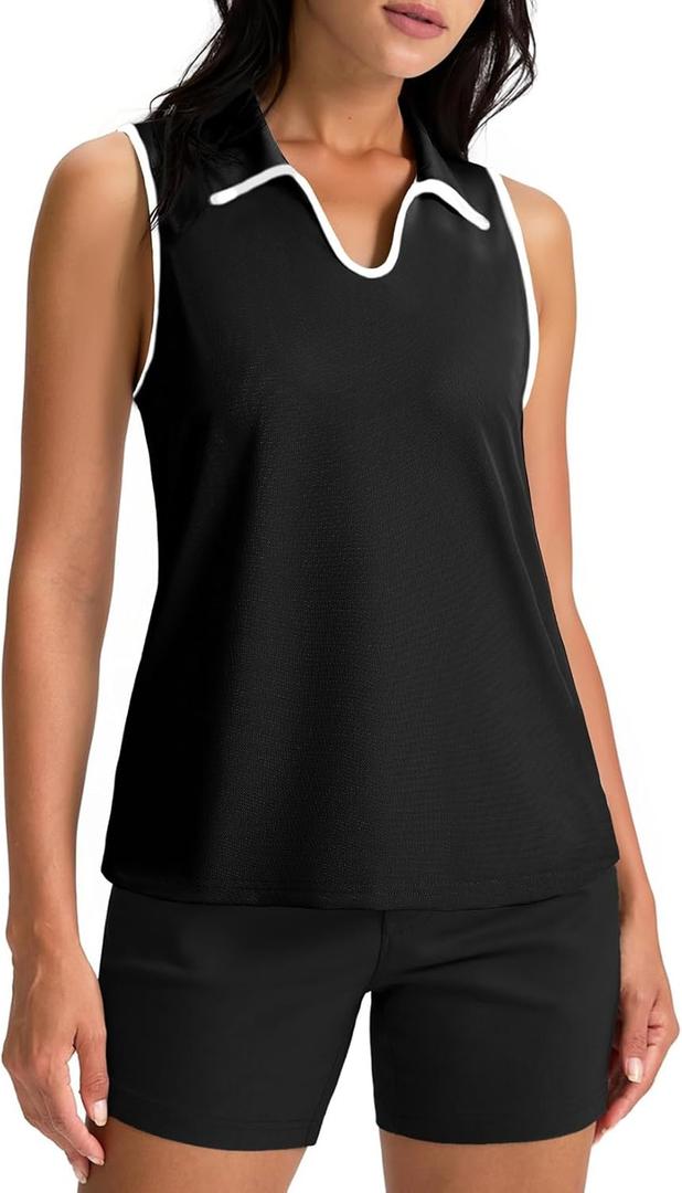 Dokotoo Women's Quick Dry Golf Polo Shirts Collared V Neck Sleeveless Tennis Shirt Stripe Workout Tops (Black, XXL)