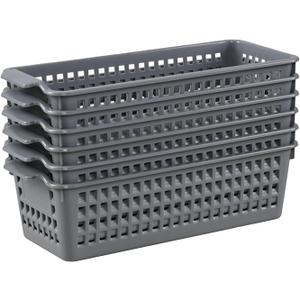 Set of 6 Silm Plastic Storage Baskets, Slim Plastic StorageTrays, Gray
