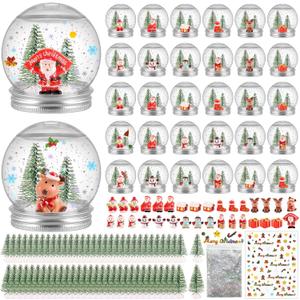 32 Pack Christmas Plastic Snow Globes Kit Includes 32 Clear Snow Globe, 64 Mini Xmas Trees, 32 Christmas fillable Ornaments, 1 Sticker with Glitter for DIY Crafts Home Winter Decor