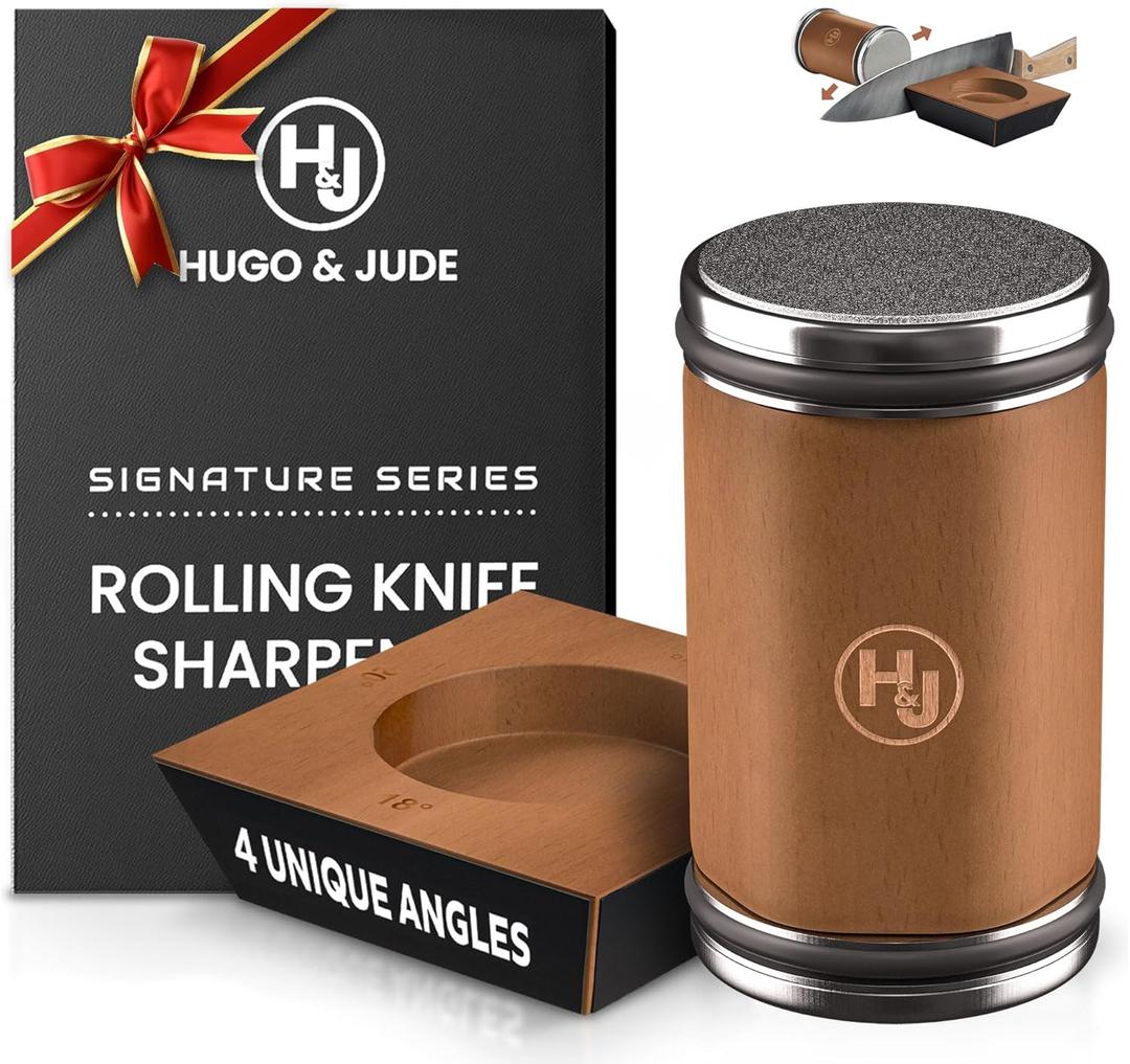 Hugo & Jude Premium Rolling Knife Sharpener - Sharpening Made Easy - Ergonomic Diamond Rolling Wheel Sharpener, 15/18/20/22 Magnetic Angles for Kitchen Knife Sharpener- Kitchen Gadgets & Gifts, Walnut