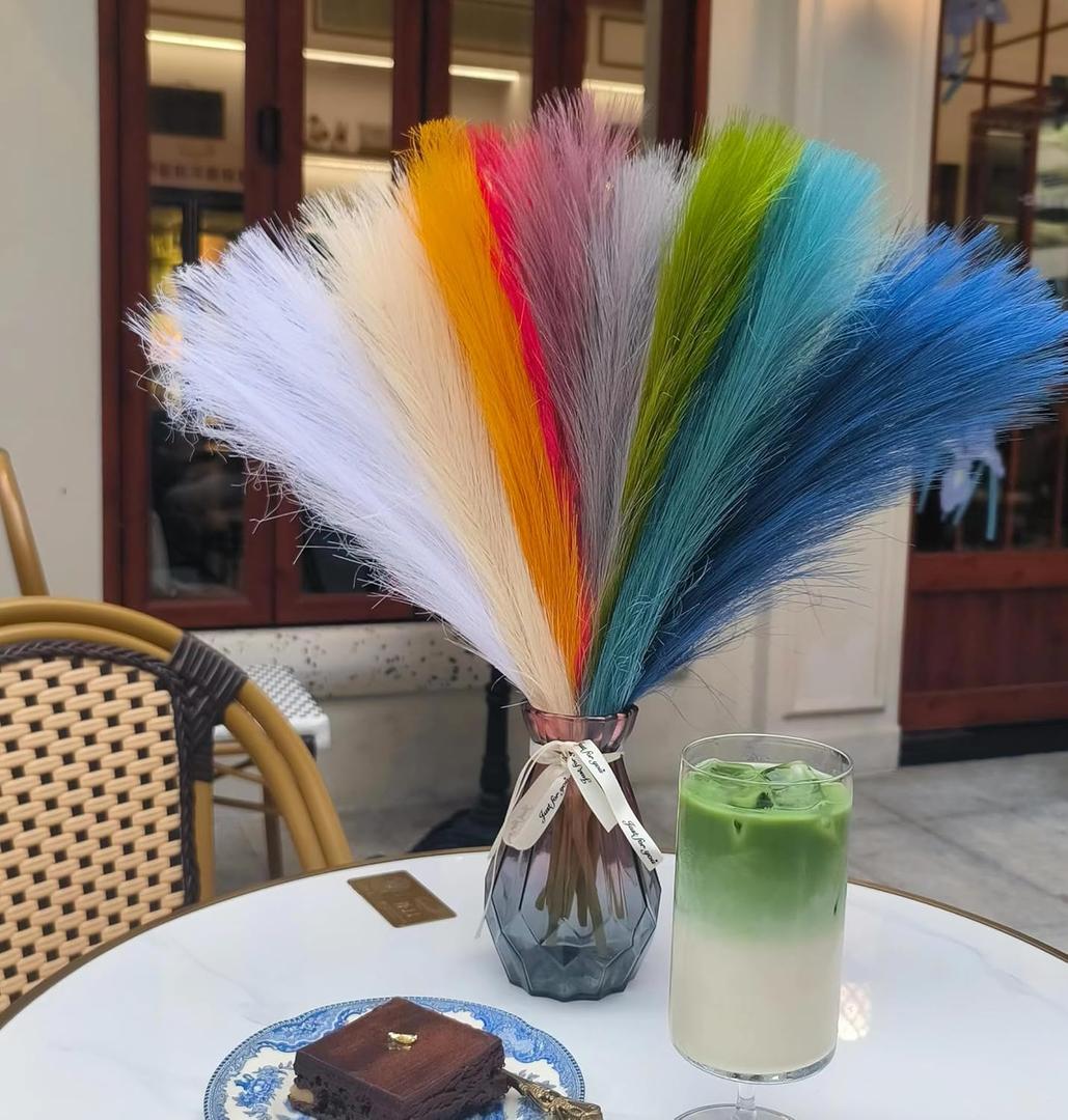 9 Pcs 17" Faux Dried Rainbow Pampas Grass Decor, Fluffy Fake Small Multicolor Pompas Artificial Pompous Short Stems Bouquet Flower Arrangement Vase Filler for Boho Home Wedding Decoration
