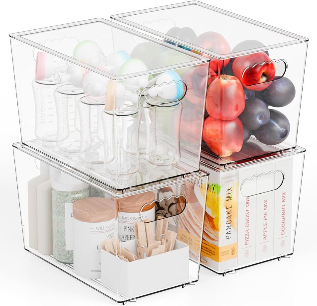 Yieach 4 Pack Stackable Clear Organizer Bins With Lids & Handle, 11.1″ Deep Plastic Hall Closet Storage Bins for Pantry, Refrigerator and Cabinets, Acrylic Container for Organizing Toy, Snacks Organizer