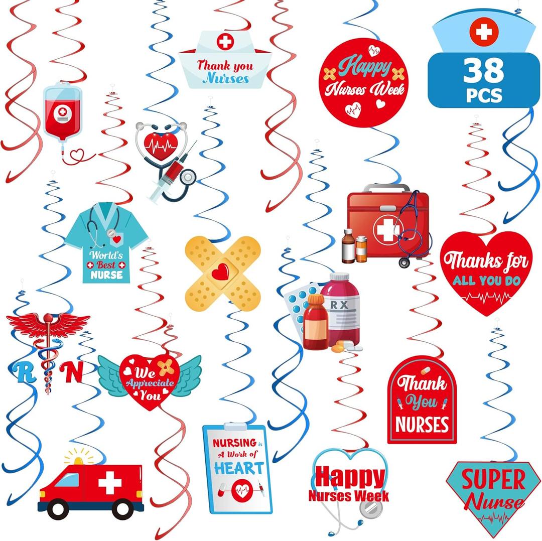 Nurses Week Decorations, 38PCS Nurses Hanging Swirls Decorations 2026, Blue Red Swirls School RN Nurse Graduation Decor, Happy Nurses Week Appreciation Swirls for Nursing Graduation Party Supplies