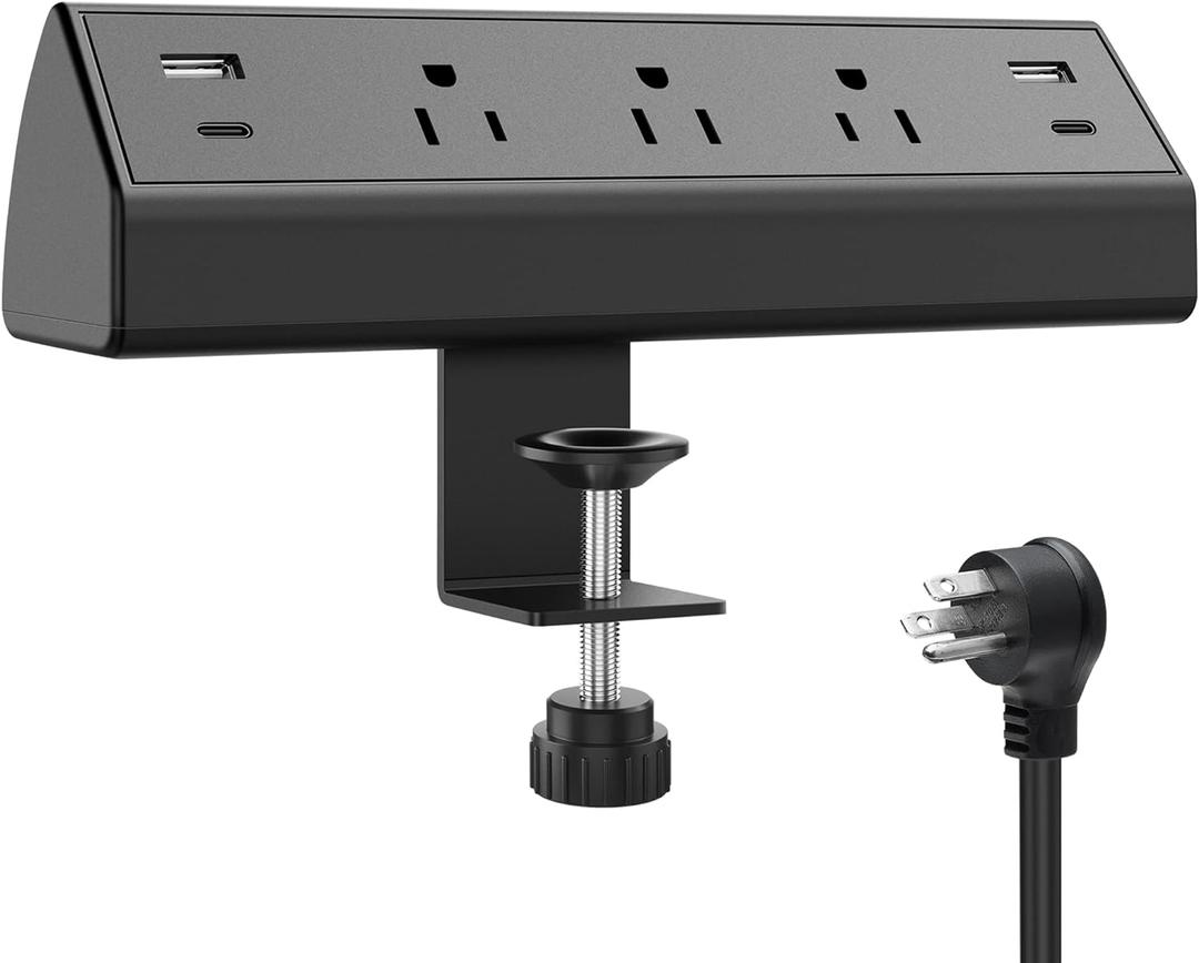 Desk Clamp Power Strip USB C,Desktop Mount Surge Protector,40W Fast Charging Station,2 PD 20W USB C Ports,3 Outlets,6FT Flat Plug,Desk Edge Power Strip for Home,Office,Fit 1.96" Tabletop Edge (3 Outlets & 4 USB Ports, Black)