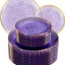 SUT 100Pcs Purple Plastic Plates, Hammered Plates Disposable Heavy Duty, Purple Disposable Plates With Gold Rim, Fancy Plastic plates Include 50 Dinner and 50 Dessert plate for Wedding