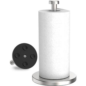 VEHHE Paper Towel Holder Countertop, Stainless Steel Paper Towel Holder Stand with Weighted Base Suction Cups, Standing Paper Towel Roll Holder for Kitchen Bathroom (Silver)