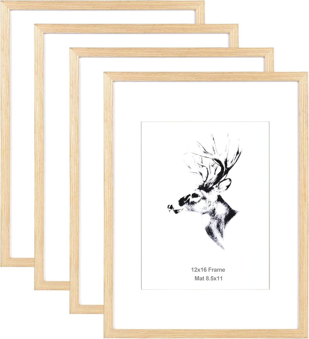 Yaetm 12x16 Picture Frame with Mat for 8.5x11 Set of 4, Natural Solid Oak Wood 12x16 Frame for Gallery Wall and Poster, Wall Mounted (4 pack, Oak)