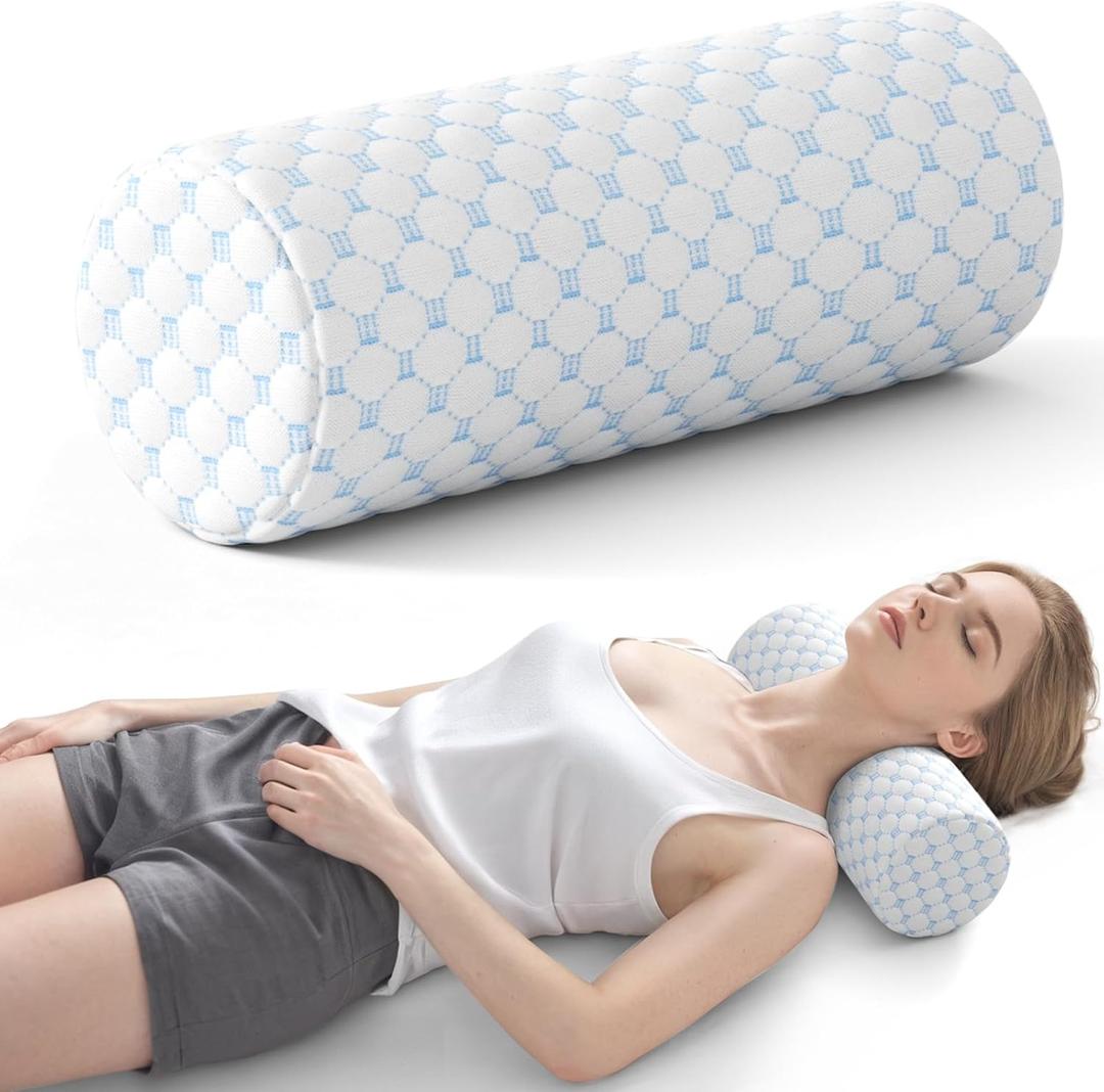 Neck Roll Pillow for Neck Pain Relief - Memory Foam Neck Support Pillow for Bed | Round Neck Pillow for Sleeping, 15.7 * 6 * 6 inch (Cool-Blue)