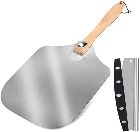 JUSTHERE Pizza Peel Aluminum Pizza Spatula Set, 12" X 14" Pizza Paddle with Pizza Cutter & Foldable Wooden Handle, Indoor/Outdoor Pizza Oven Accessories for Party, Baking, Dinner