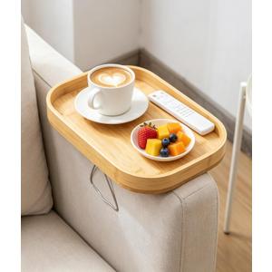 Sofa Arm Tray Table, Bamboo Couch Armrest Tray Clip-On with Adjustable Width Support Leg, Non-Slip Silicone Pads & Scratch Protection, Couch Side Table for Drinks, Snacks, Remote