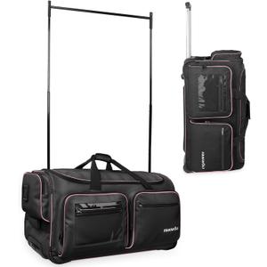 Fanwoli 28" Dance Bag with Garment Rack | Upgraded Stable System & Fabric | More Lightweight & Wear-Resistant | Ideal Competition Rolling Duffle Bag | Black/Pink Trim
