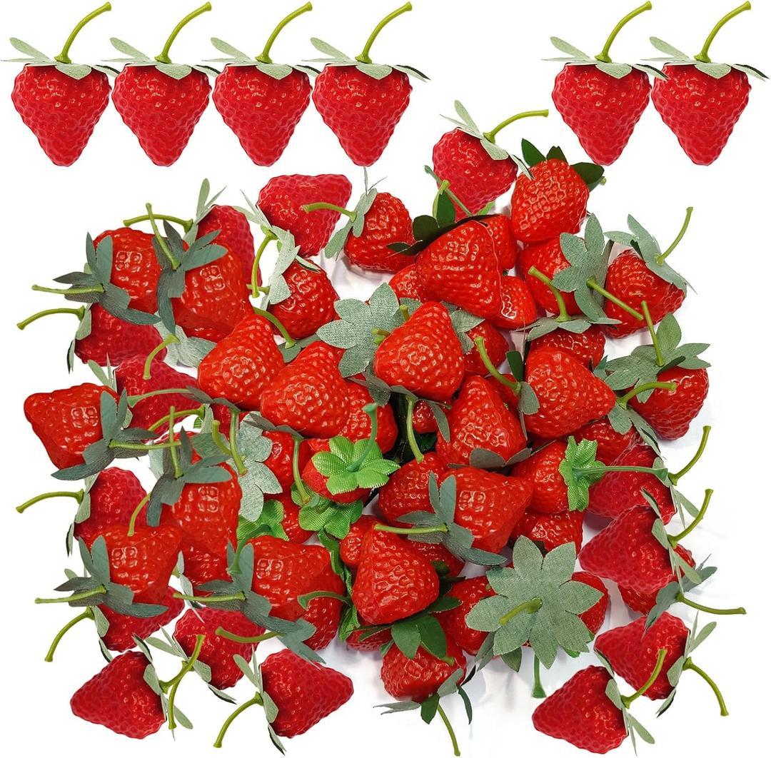 100 Pcs Fake Strawberries Fake Fruit Strawberries Lifelike Plastic Strawberries Fruit Simulation for Home Kitchen Party Decoration Photography Prop Fruit Basket Decoration