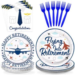 96Pcs Flying into Retirement Party Decorations Pilot Happy Retirement Plates and Napkins Sets Blue Airplane Retired Pilot Decoration for Men Airplane Congratulations Retired Party Supplies Serves 24