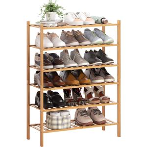BMOSU 6-Tier Bamboo Shoe Rack Premium Stackable Shoe Shelf Storage Organizer for Hallway Closet Living Room Entryway Organizer (Natural Bamboo)