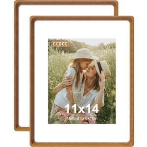 11x14 Picture Frame Set of 2, Natural Teak Wood Solid Wood 11 by 14 Photo Frames with 8x10 Mat with Real Glass for Wall and Tabletop Display
