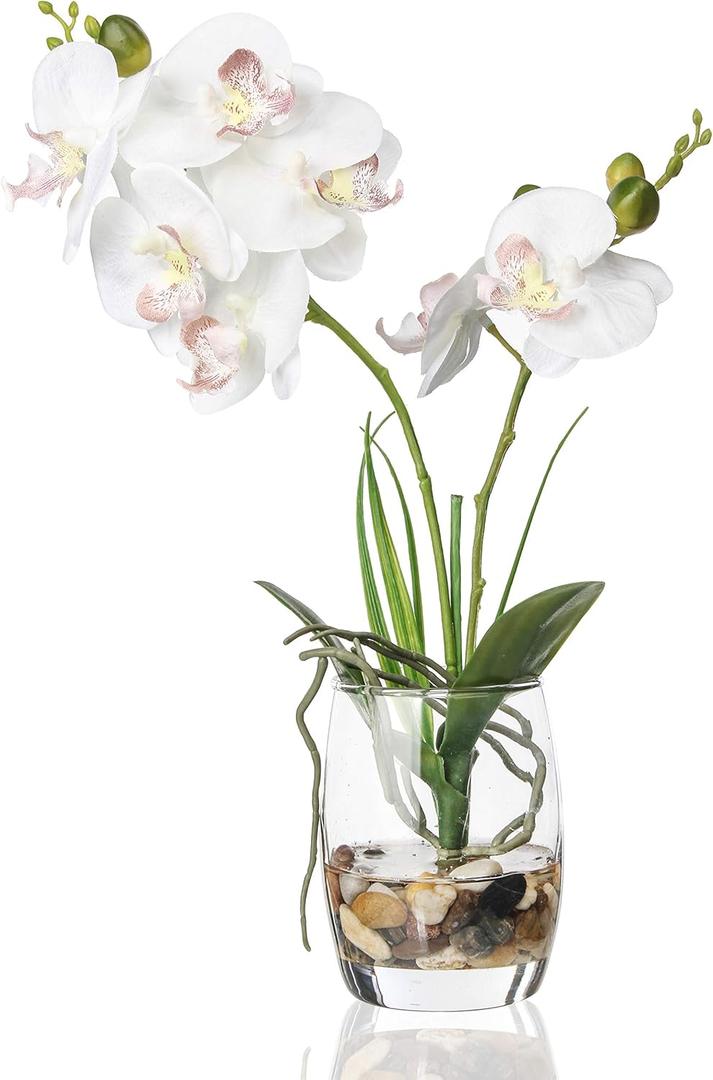 Jusdreen 1 Pcs Glass Vase Artificial Orchid Flower Bonsai Vivid Phalaenopsis Flowers Potting for Home Office Dcor,Table Centerpiece Room Decorations 14.5 INCH (Glass Vase/White Orchid)