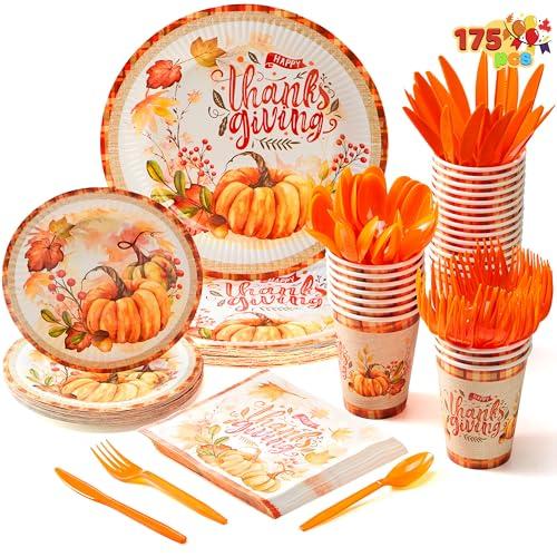 JOYIN 175 PCS Thanksgiving Disposable Paper Plates, Paper Gold Disposable Dinnerware Set, Thanksgiving Party Fall Harvest, Party Supplies, Plates and Napkins Sets (25 Guests)