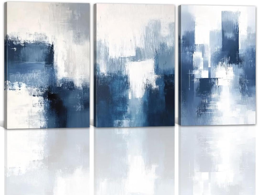 Large Abstract Wall Art Set of 3 Navy Blue Gray & White Picture Prints Modern Minimalist Canvas Paintings for Living Room Bedroom Bathroom Wall Decor Framed-16.00" x 24.00" x 3Pcs