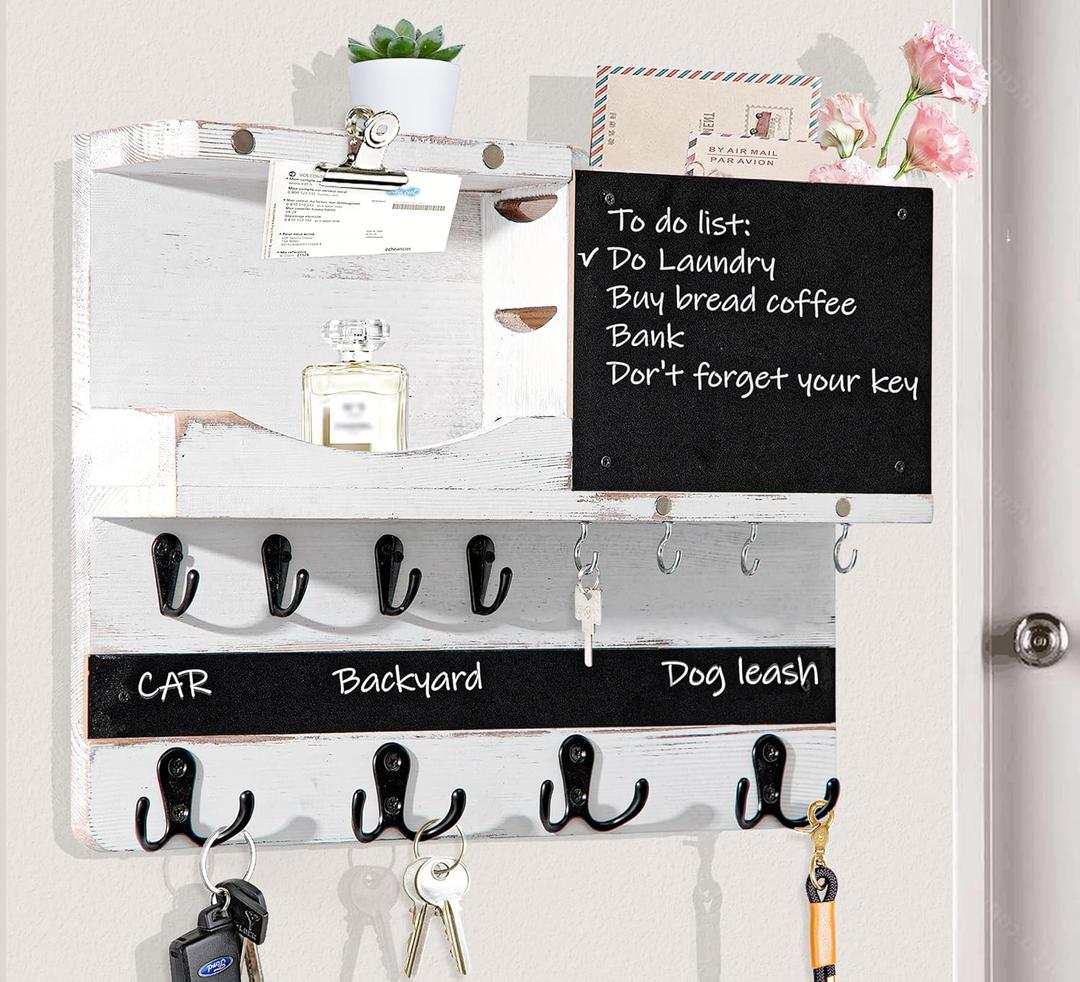 Key Holder for Wall Mount, Farmhouse Mail and Key Holder for Wall Hanger with Various Hooks, Home Decor Rack with Chalkboard and Shelf (Pine Wood, White Washed)