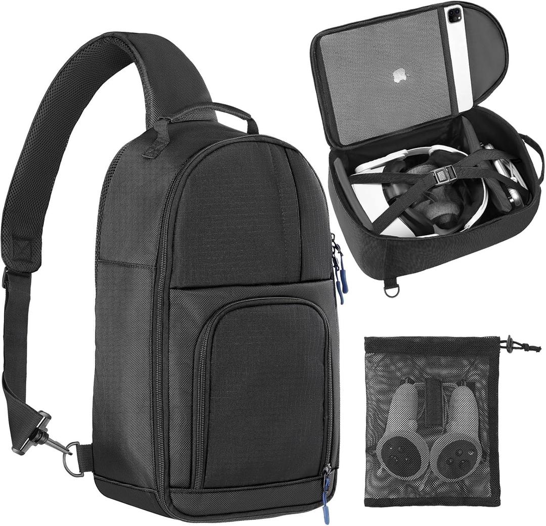 Carrying Case Made for Quest 3/ Quest 2/Vision Pro. Waterproof Travel Sling Quest 3 Bag for VR All-in-One Gaming Headset and Touch Controllers Accessories with DIY Main Compartment and Thicken Pad (Black)