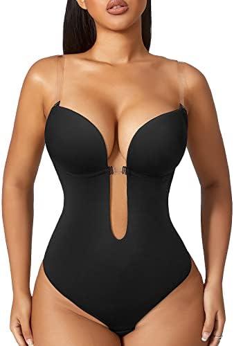Women Shapewear Backless Body Bra Shaper Womens Plus Size Plunge Invishaper Low Back Thong Bodysuits Open Crotch Daily Use, (Medium, Black)