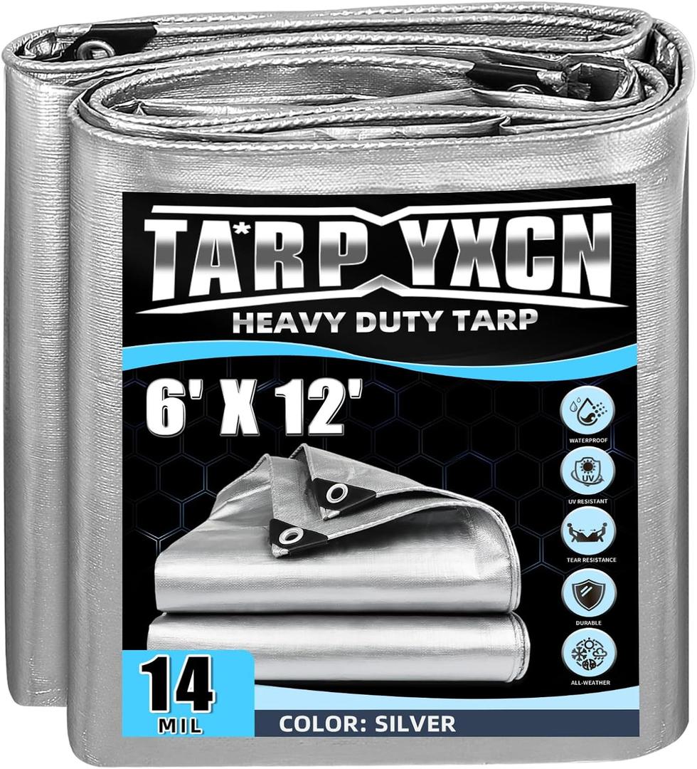 Heavy Duty Tarp 6x12 Feet, 14 Mil Waterproof Poly Tarps Cover UV Resistant, Rip & Tear Proof with Metal Grommets Every 20 Inches Silver Tarp by TA*RP YXCN