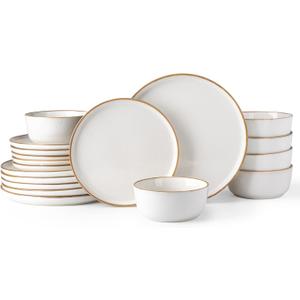 GBHOME Ceramic Dinnerware Sets for 6, 18 Pieces Stoneware Plates and Bowls Sets, Scratch Resistant Dishes, Dishwasher & Microwave Safe, Reactive Glaze-White