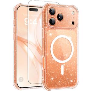 BERFY for iPhone 17 Pro Case for Women, Compatible with MagSafe, Clear Glitter Shockproof Protective Case, Anti-Yellowing, with Screen Protector & 3 Diamond Camera Lens Covers 6.3", Sparkle Clear