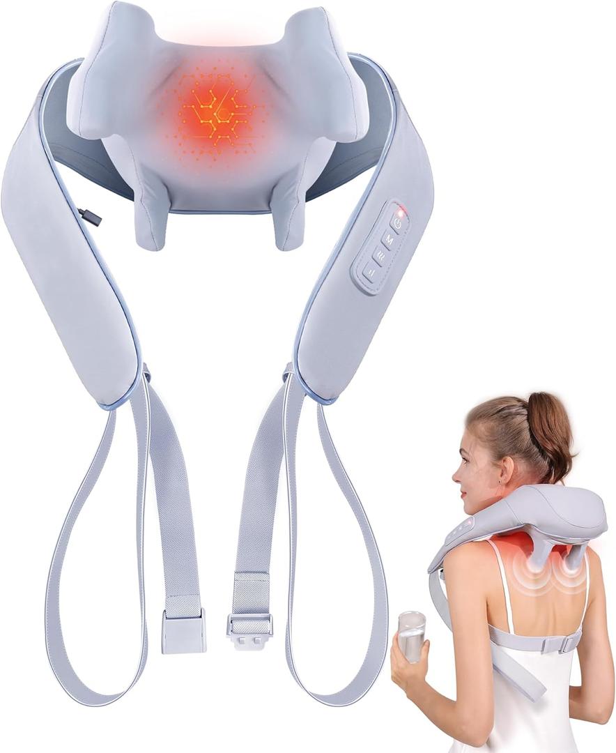 Electric Shiatsu Back and Neck Massager, Cordless Shoulder Massager with Heat, Deep Tissue 3D Kneading Massage Pillow for Shoulder, Leg, Body Muscle Pain Relief, Gifts for Men Women (Grey)