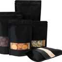 100 Pcs 4 x 6 Inch Stand Up Black Kraft Paper Bags with Matte Window, Resealable Zip Lock Food Storage Bags, Reusable & Heat Sealable for Packaging