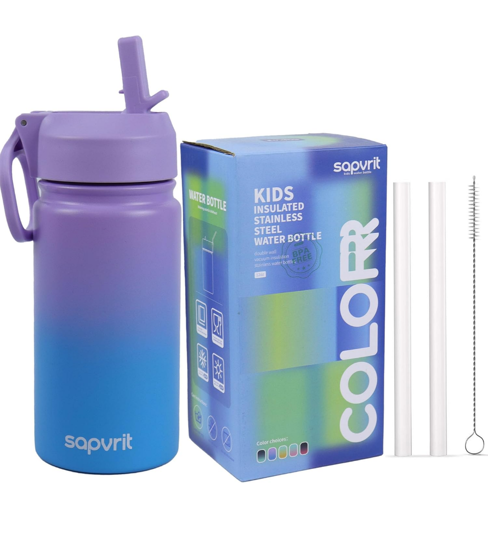2 Pack Water Bottle, 12 oz Water Bottles with Straw and Stickers, Stainless Steel Vacuum Double Wall Insulated cup,Water Bottle for School, Gifts for Girls (12OZ PURPLR BLUE)